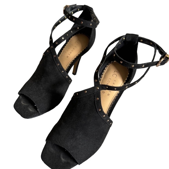 LAUREN CONRAD BLACK STRAPPY OPEN TOE HEEL WITH EMBELLISHMENTS SIZE 7 - Picture 2 of 9